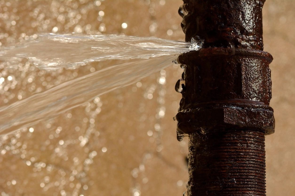 A water main is spraying out of the ground.